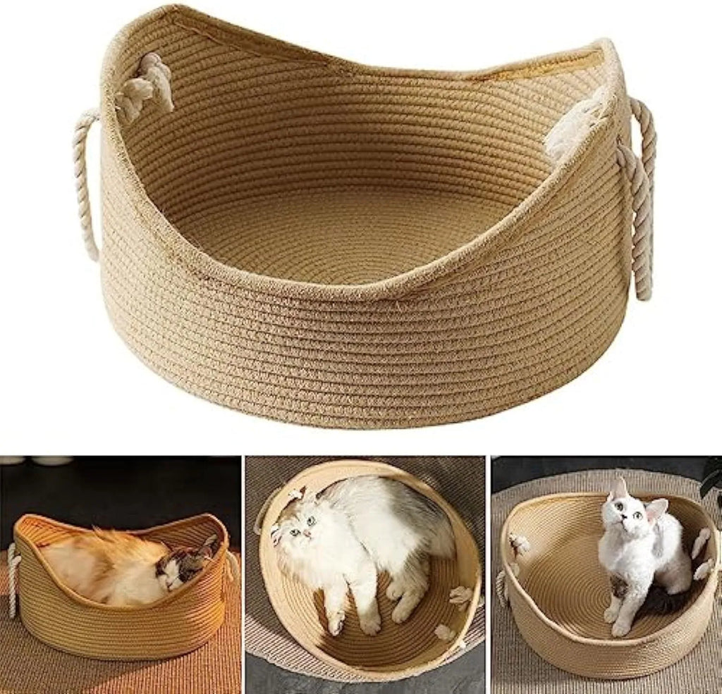 Wicker cat basket bed with integrated corrugated cardboard scratching panel, shown in large and small sizes.