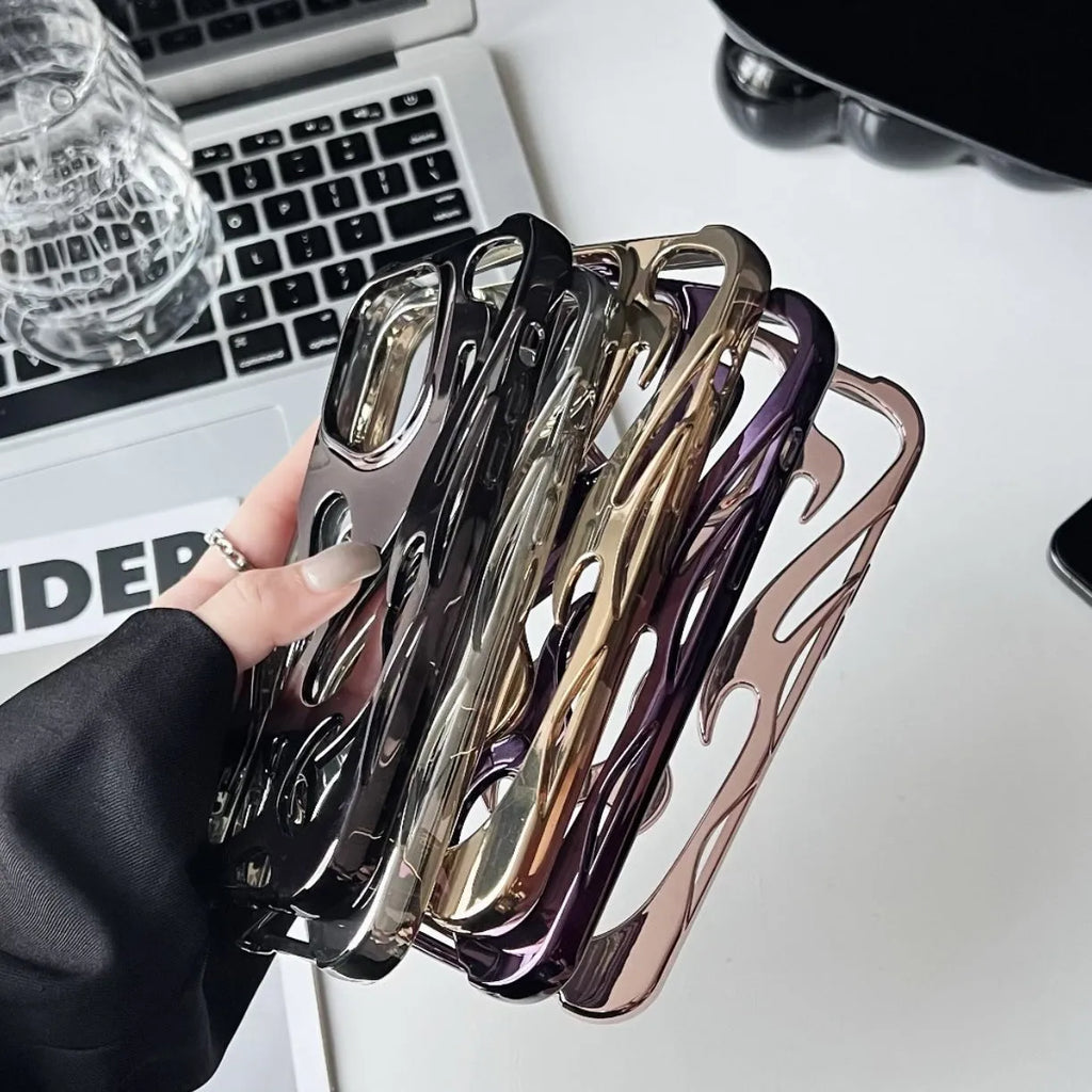 Electroplated hollow flame pattern phone case for iPhone, showing silver finish and perforated design for heat dissipation.