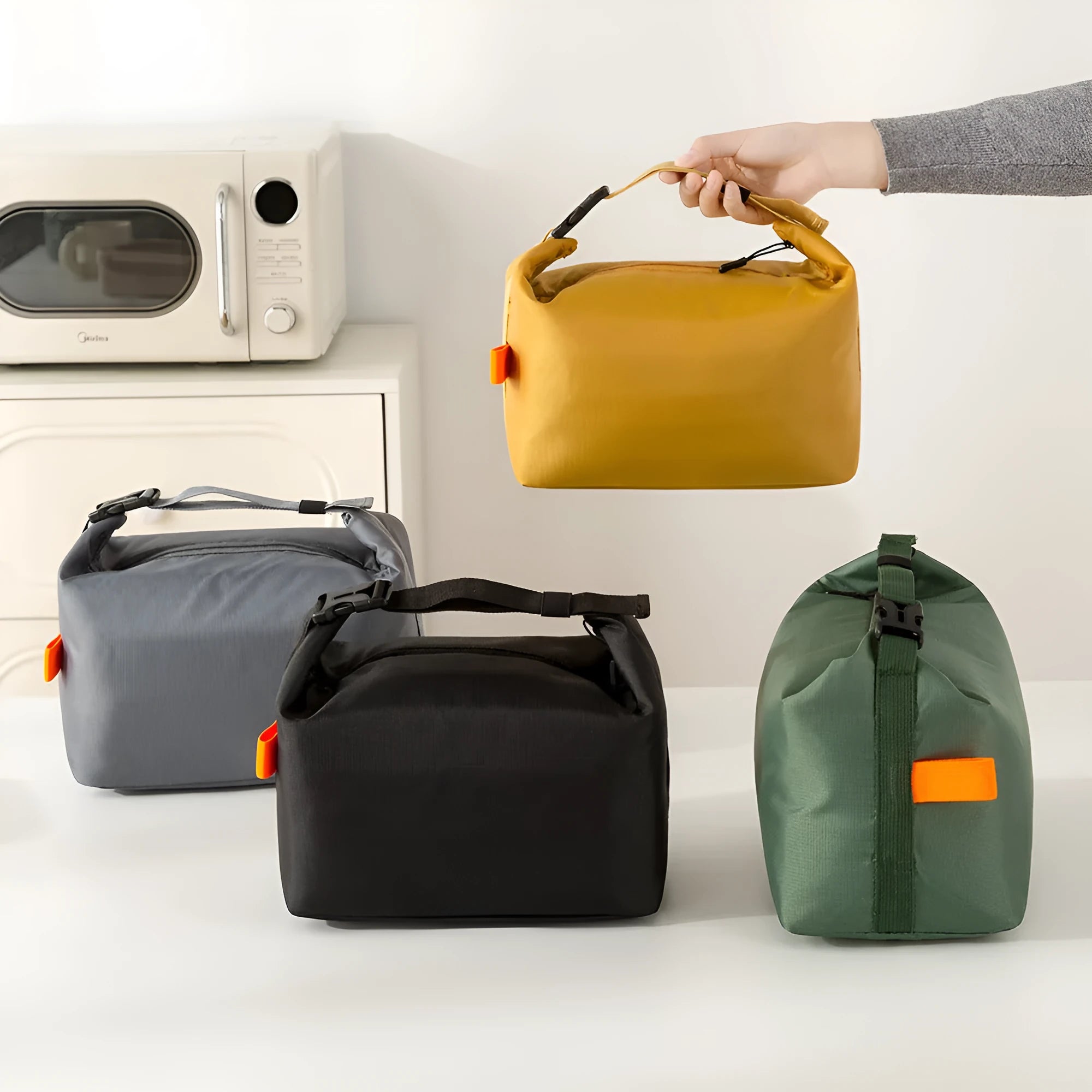 Japanese style insulated lunch bag in Oxford cloth, shown in Army Green colour with visible wide opening.
