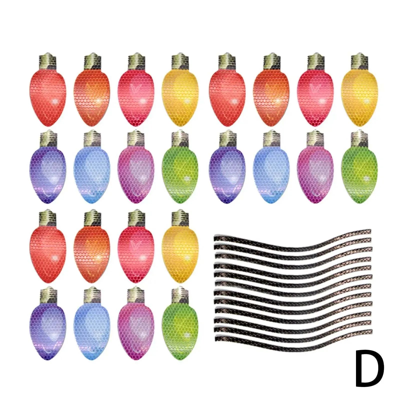 Christmas magnetic reflective bulb set with 24 bulb shapes and 12 wire elements on metal surface