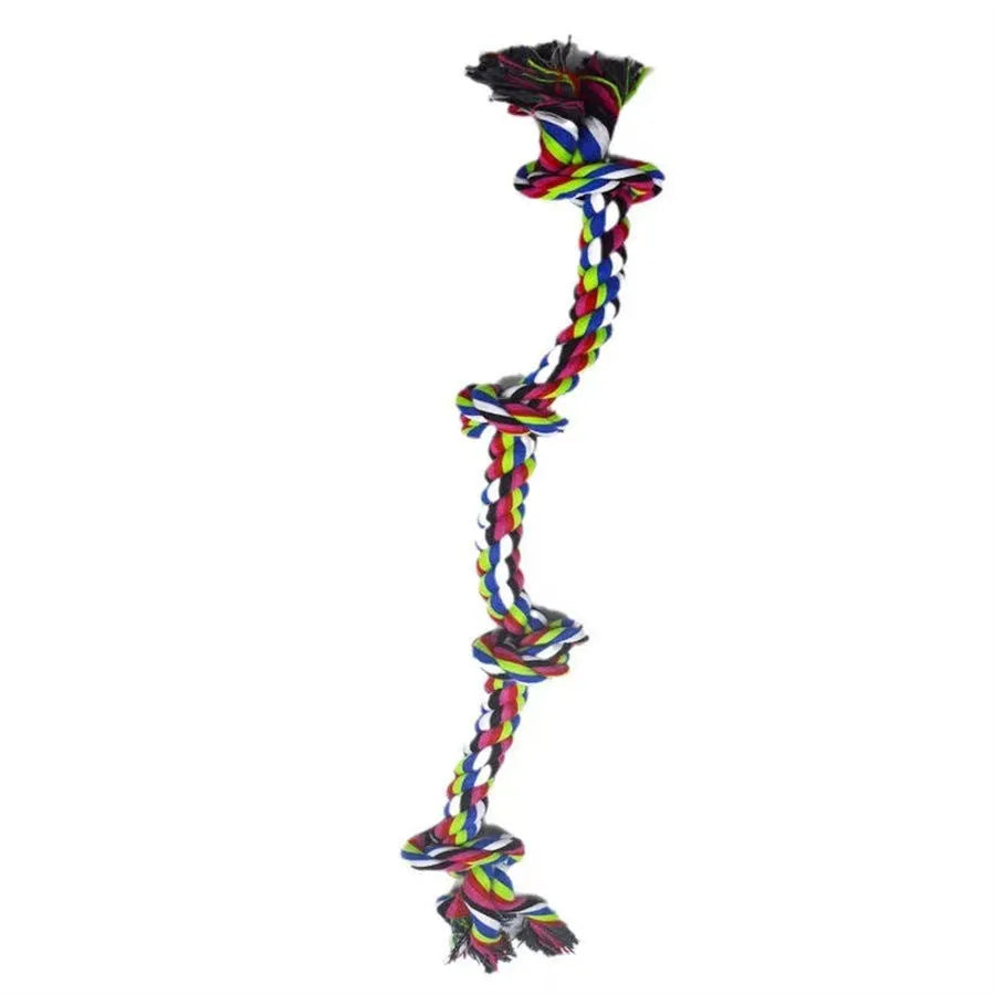Heavy-duty cotton rope knot dog toy for large breeds, 77cm long, with four or five knots for chewing and tug of war.