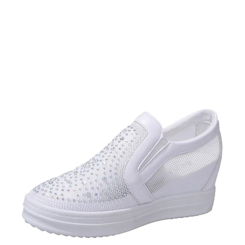 Women's wedge slip-on shoes in black with mesh upper and round toe