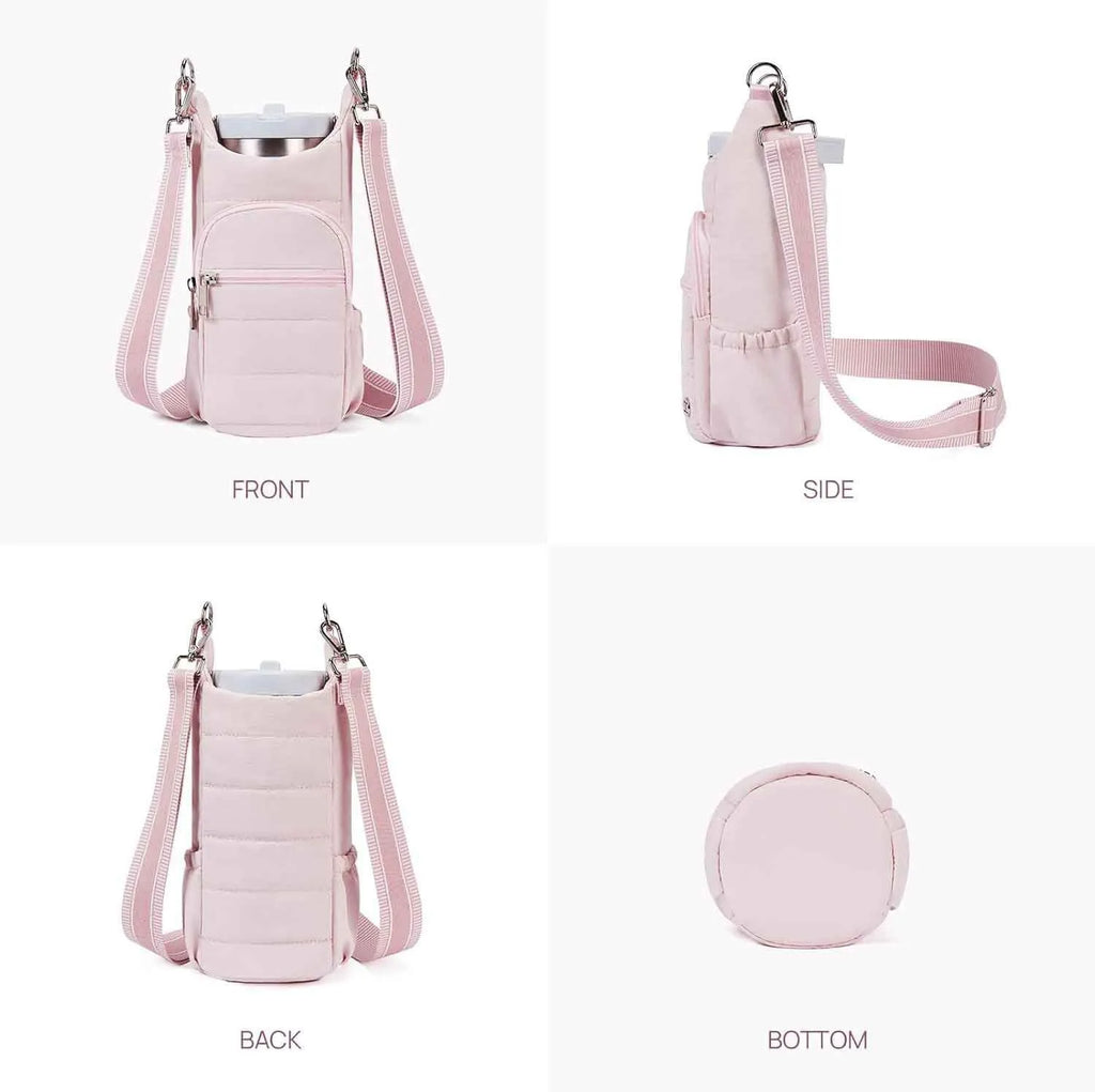 Fabric water bottle kettle bag mounted on bicycle frame in beige colour