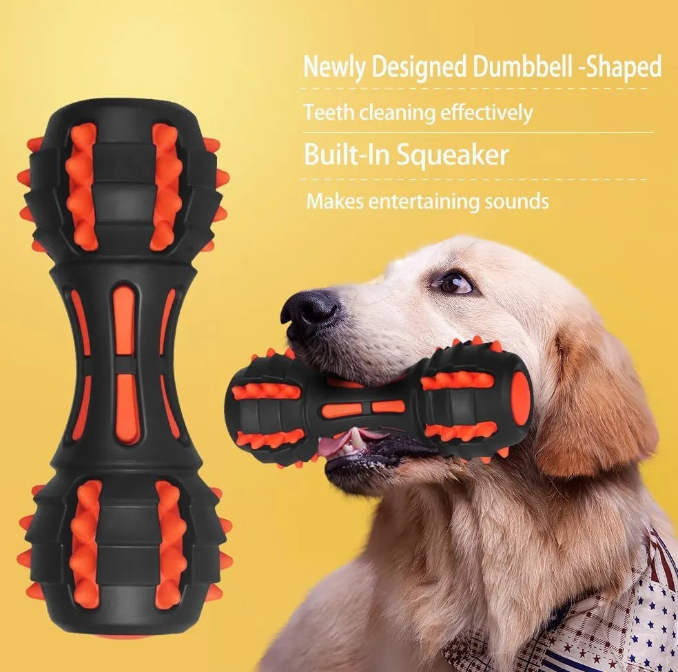 Red dumbbell-shaped dog chew toy made of natural rubber for aggressive chewers.