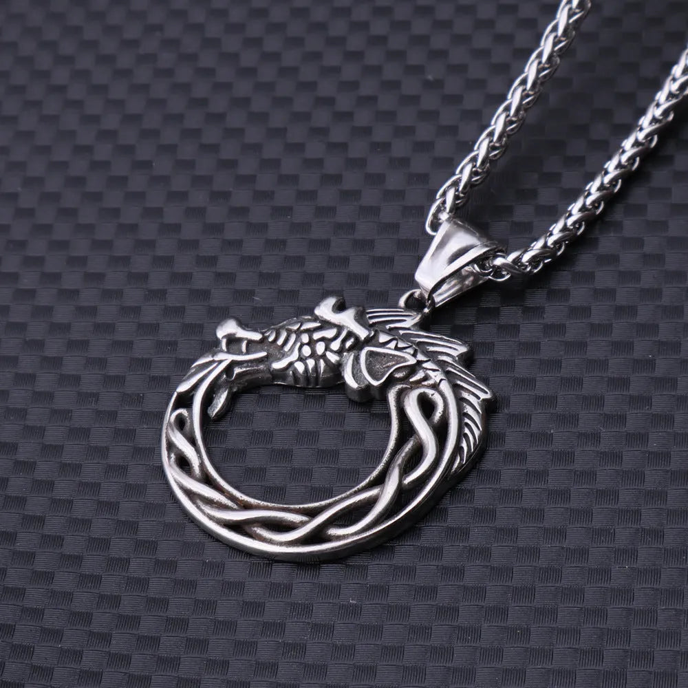 Nordic Viking titanium steel dragon pendant necklace in steel colour with optional 3mm 60cm keel chain, unisex retro geometric design