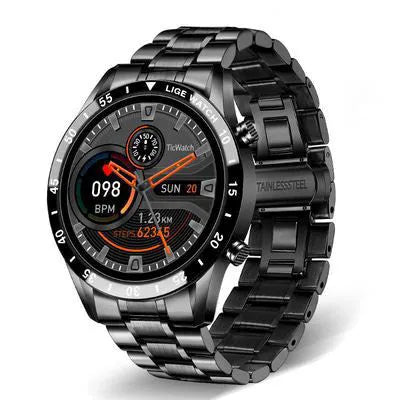 Smart watch with stainless steel band showing 1.3 inch touch screen display