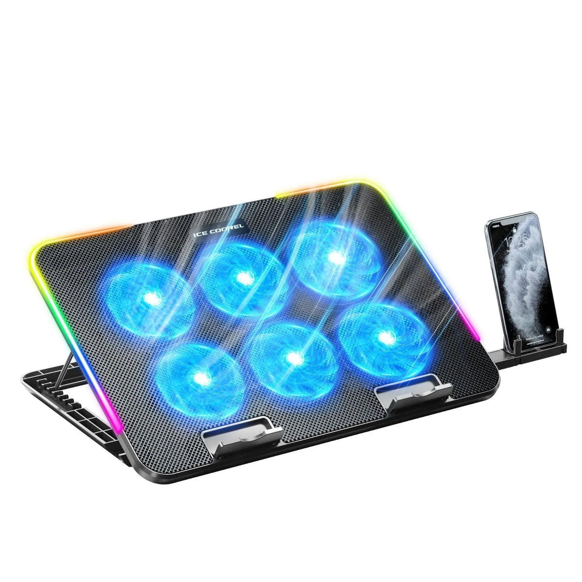 Black laptop cooling pad with RGB light, phone bracket, wire fence plastic body, 360x255x27mm