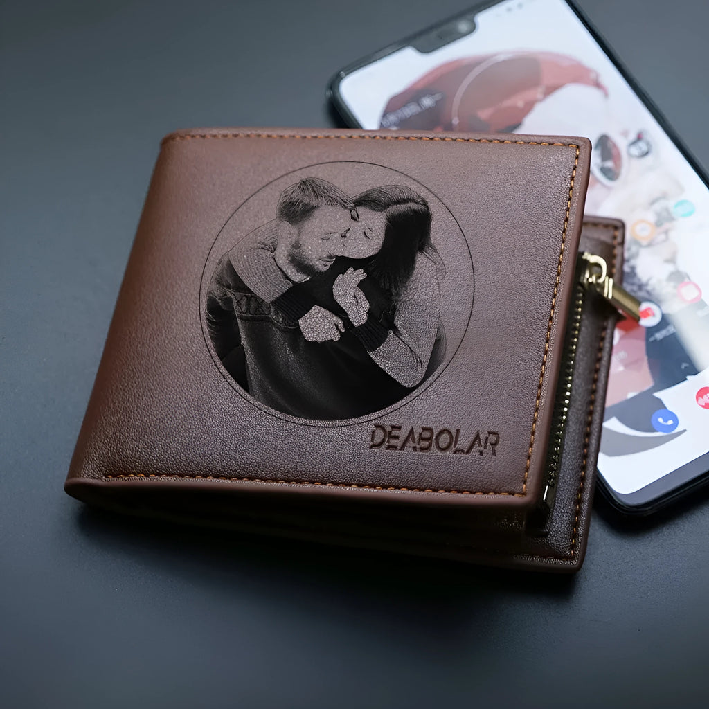 Men's leather zip wallet in classic colour, presented in a gift box.