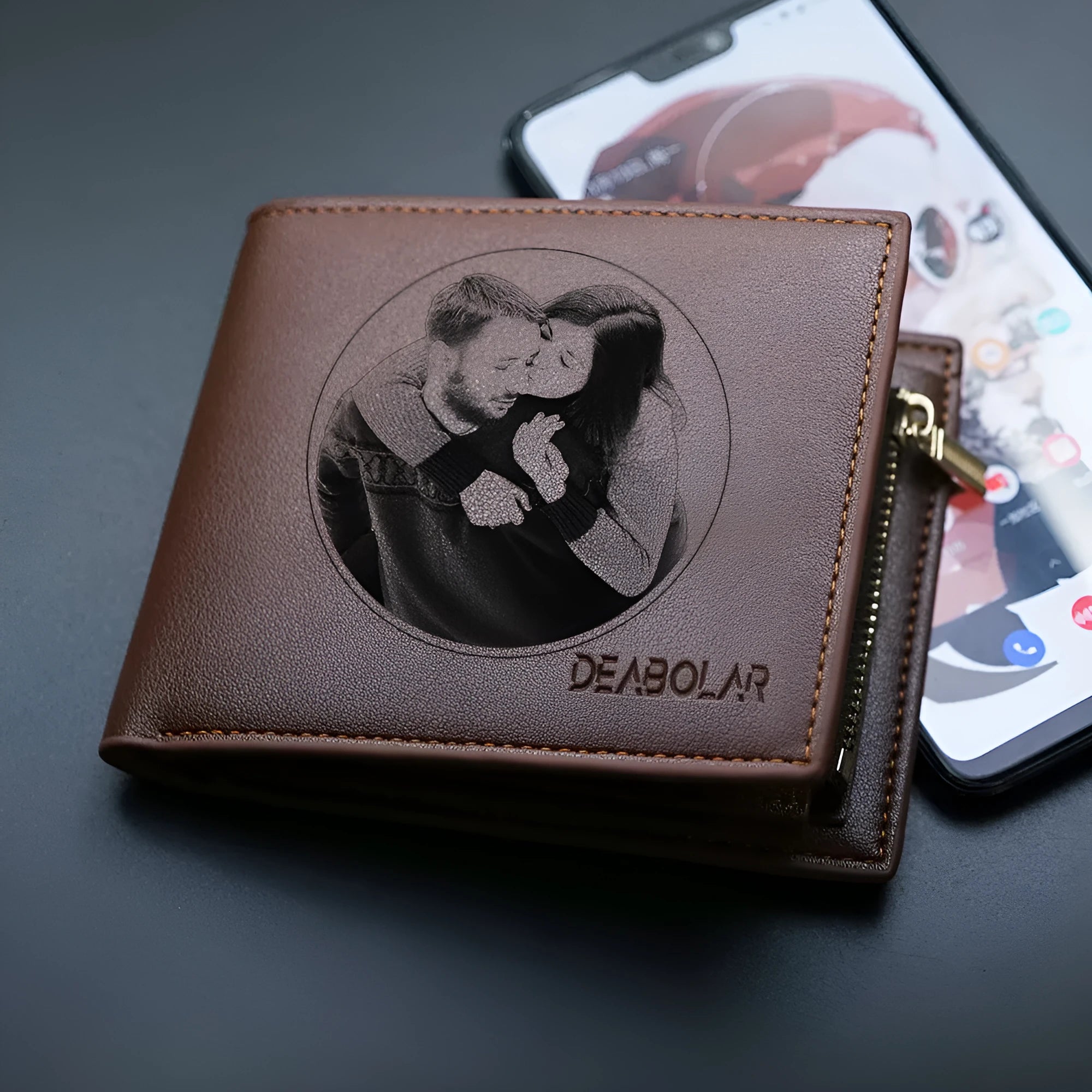 Men's leather zip wallet in classic colour, presented in a gift box.