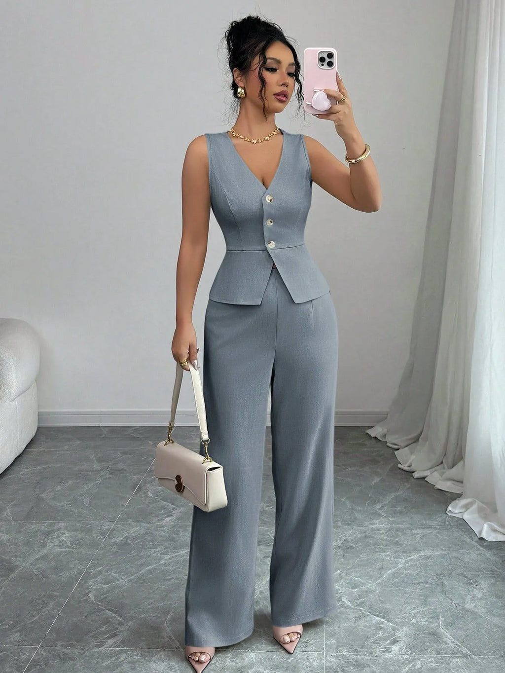 Women's black sleeveless vest and high waist trousers two-piece set in Japanese Korean casual style