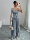 Women's black sleeveless vest and high waist trousers two-piece set in Japanese Korean casual style