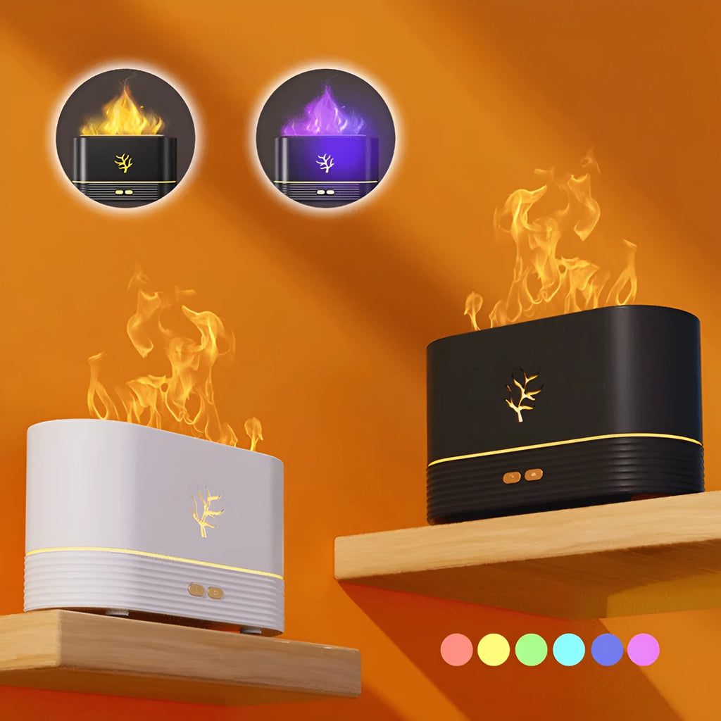 Square black or white USB flame humidifier with LED fire simulation effects and aromatherapy function