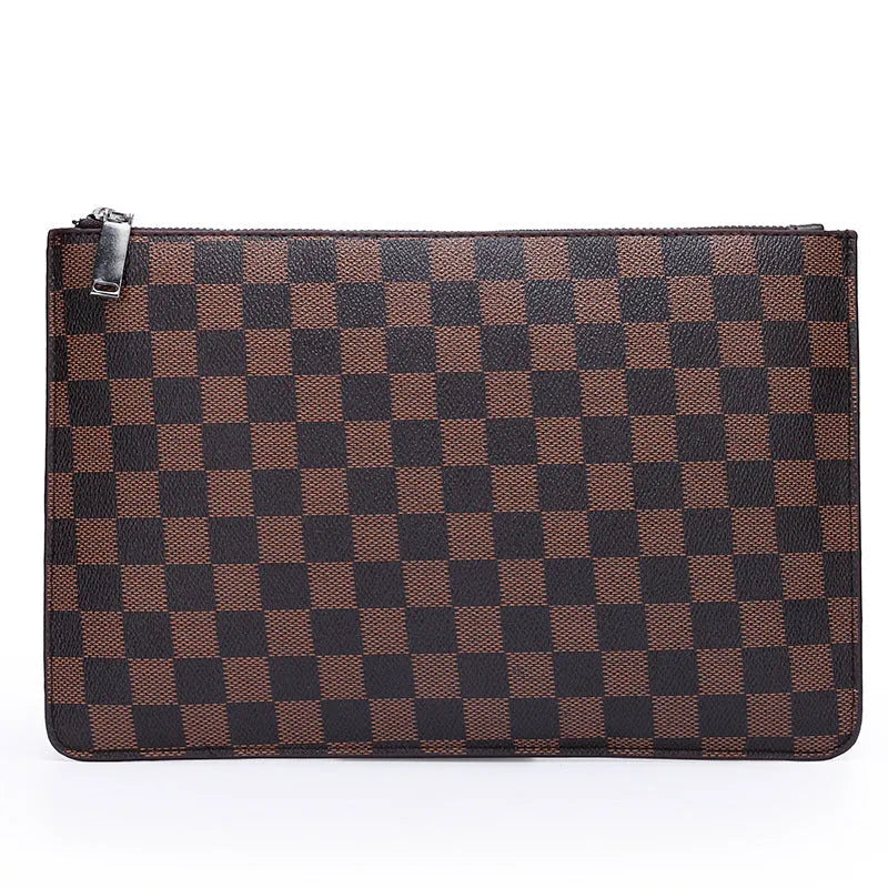Men's black checkered PU leather business clutch wallet showing card slots and zipper pocket