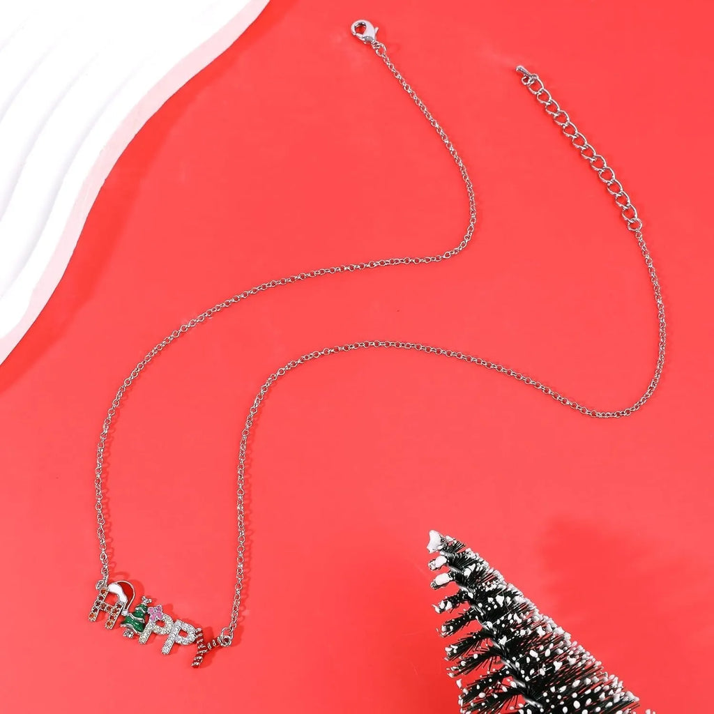 Santa Christmas Tree letter strings necklace with HAPPY text on alloy pendant regular chain