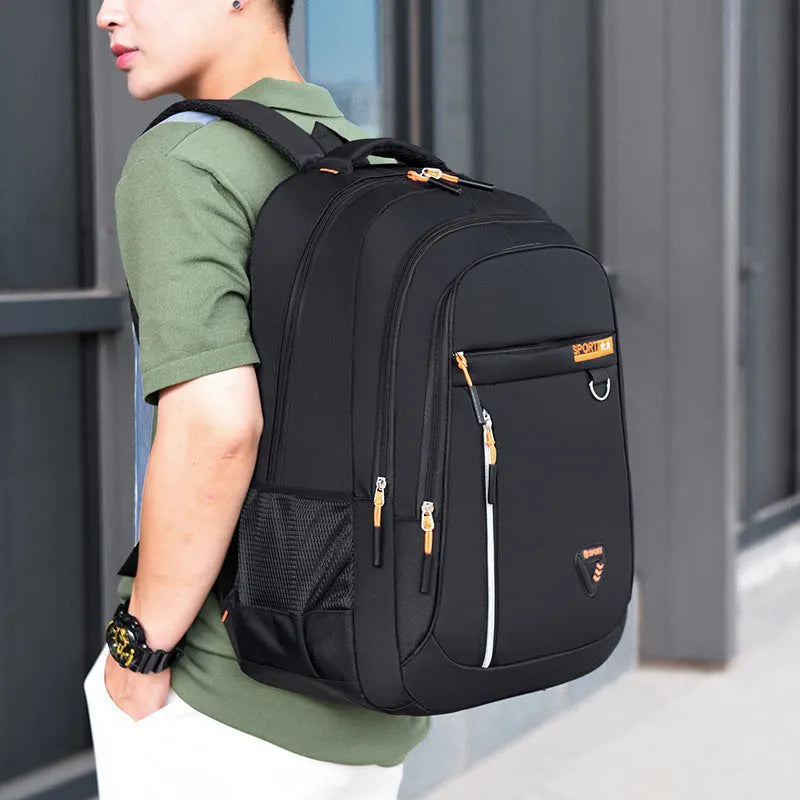 Men's Oxford cloth school backpack in black with letter pattern and air pillow belt