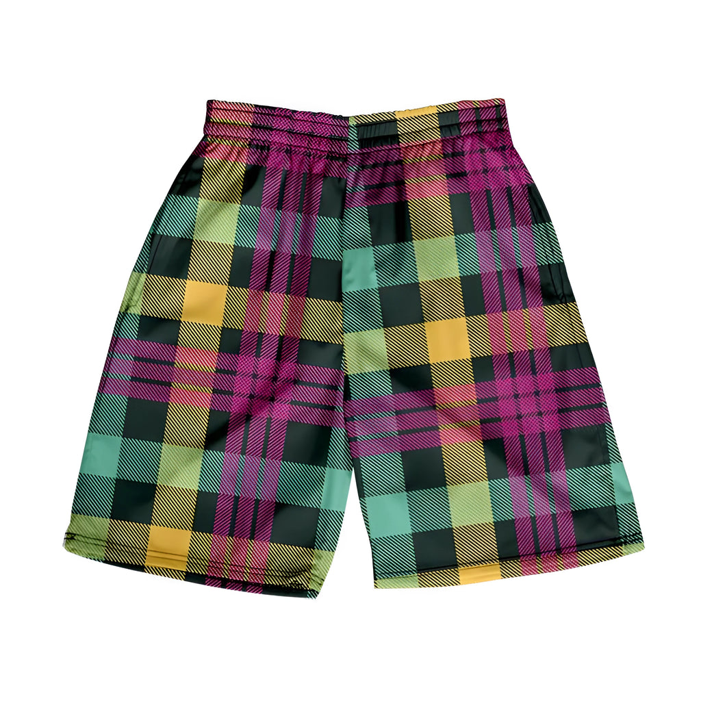 Men's straight-leg plaid shorts in polyester fabric with elastic waistband available in multiple solid colours