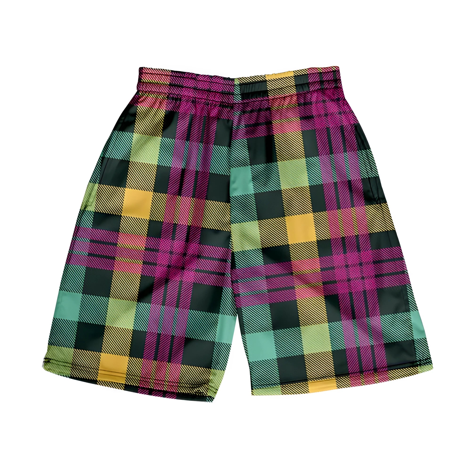 Men's straight-leg plaid shorts in polyester fabric with elastic waistband available in multiple solid colours