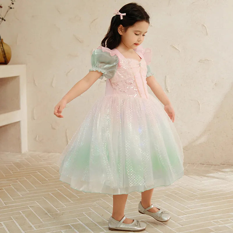 Little girl cotton princess dress with short sleeves and gauze skirt in solid colour with cartoon and flower pattern