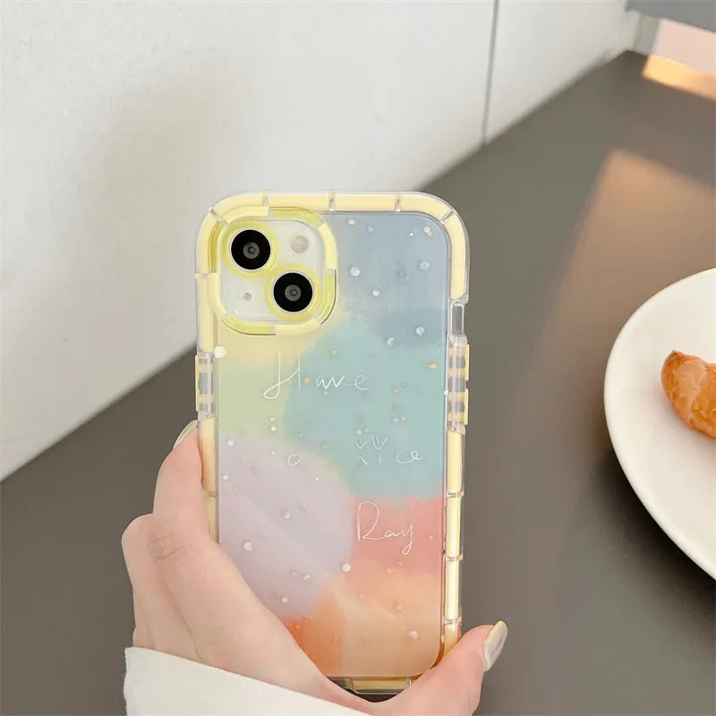 Minimalist iPhone 14 silicone case with a yellow contrast colour edge on a white background.