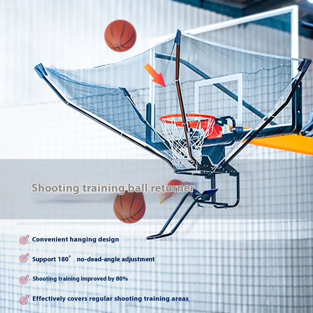 Automatic basketball return training machine hanging on a hoop for solo shooting practice.