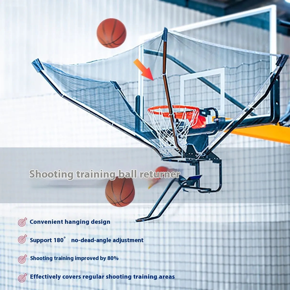 Automatic basketball return training machine hanging on a hoop for solo shooting practice.