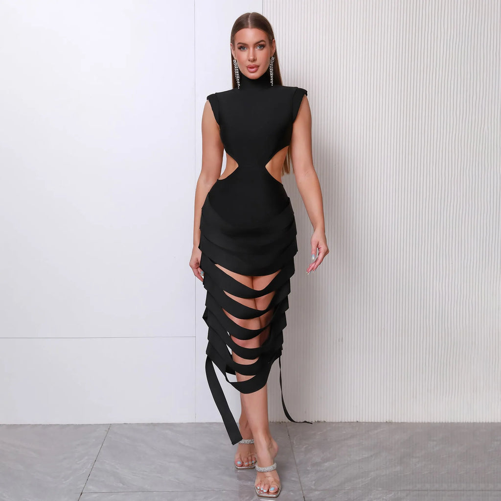 Black round neck backless slim fit mid-length dress with hollow detail, sleeveless polyester, sizes XS-L