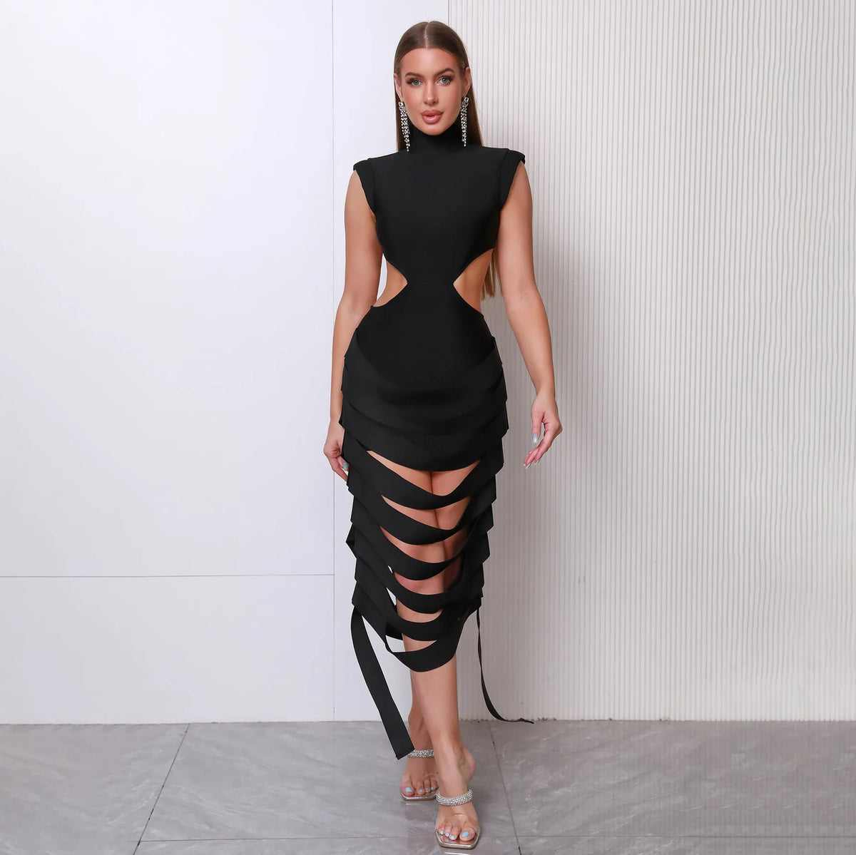 Black round neck backless slim fit mid-length dress with hollow detail, sleeveless polyester, sizes XS-L