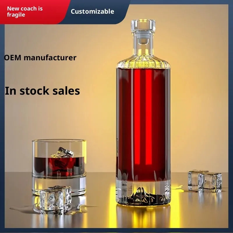 500ml clear crystal glass wine bottle with thickened one-pound body, shown in transparent, blue, gold, and red colour options.