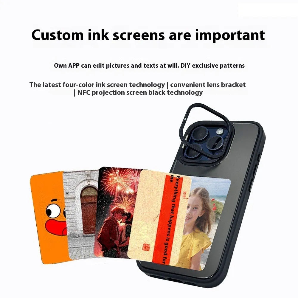 Graphite black iPhone case with NFC projection screen and unfolded bracket shell standing upright.