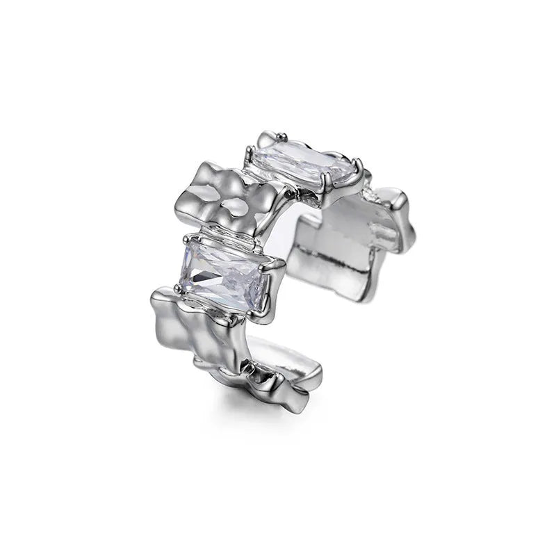 Silver geometric open ring with three-dimensional retro decoration