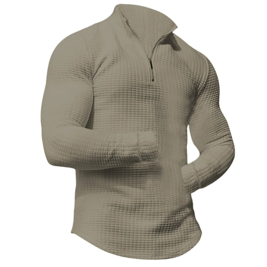 Men's stand collar half zip plaid sweater in polyester fibre, long sleeves, available in multiple colours