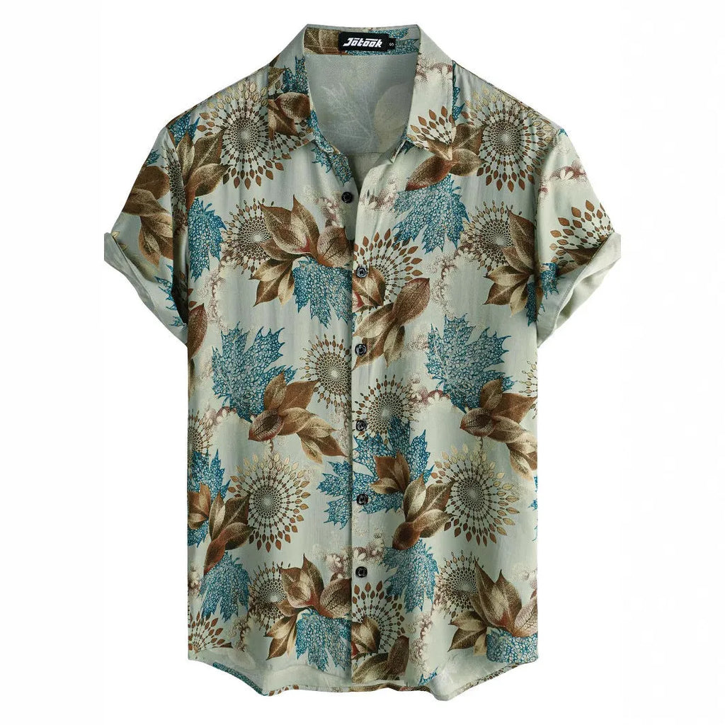 Hawaiian floral print short sleeve lapel shirt on a hanger