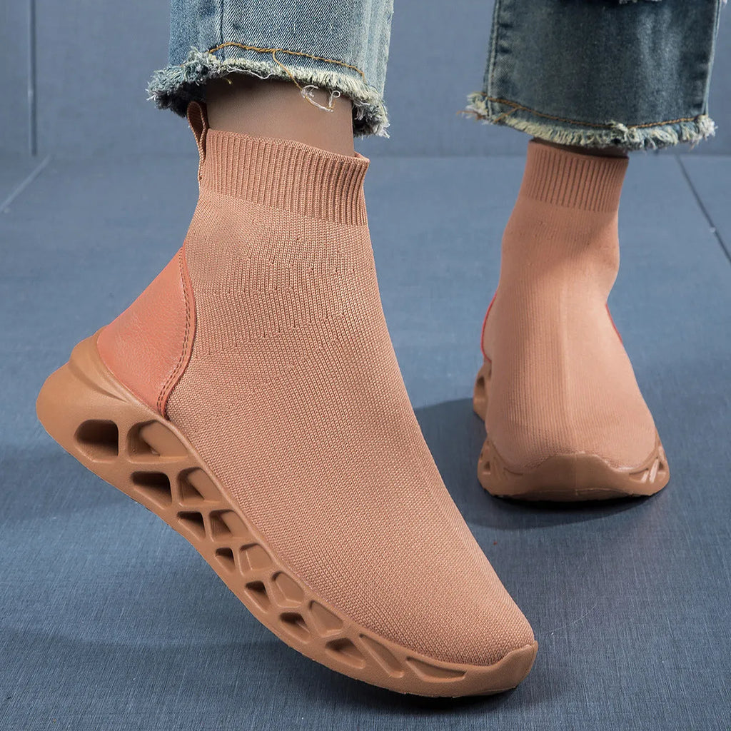 Women's low-top casual mesh sock boots in terracotta warriors colour with round toe and sewing line detailing