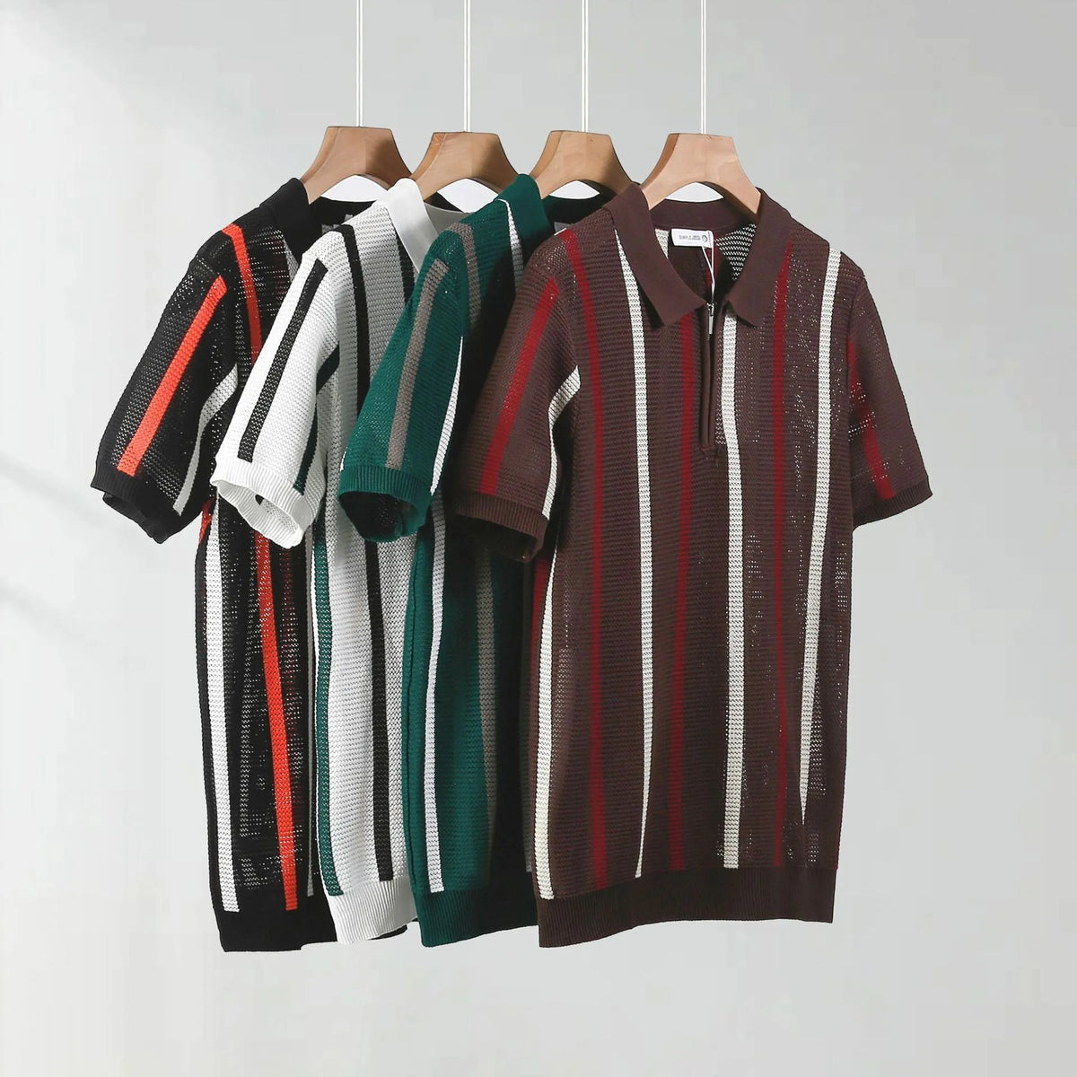 Man's short-sleeved ice silk polo shirt with mesh knit, loose fit, and a decorative zipper.