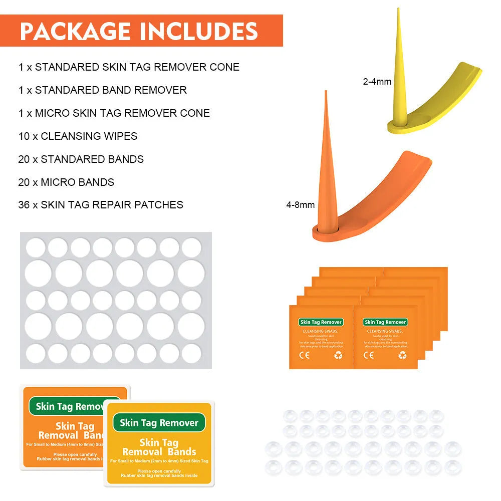 Orange-yellow mole removal tool kit with two devices, rubber rings, alcohol swabs and repair stickers