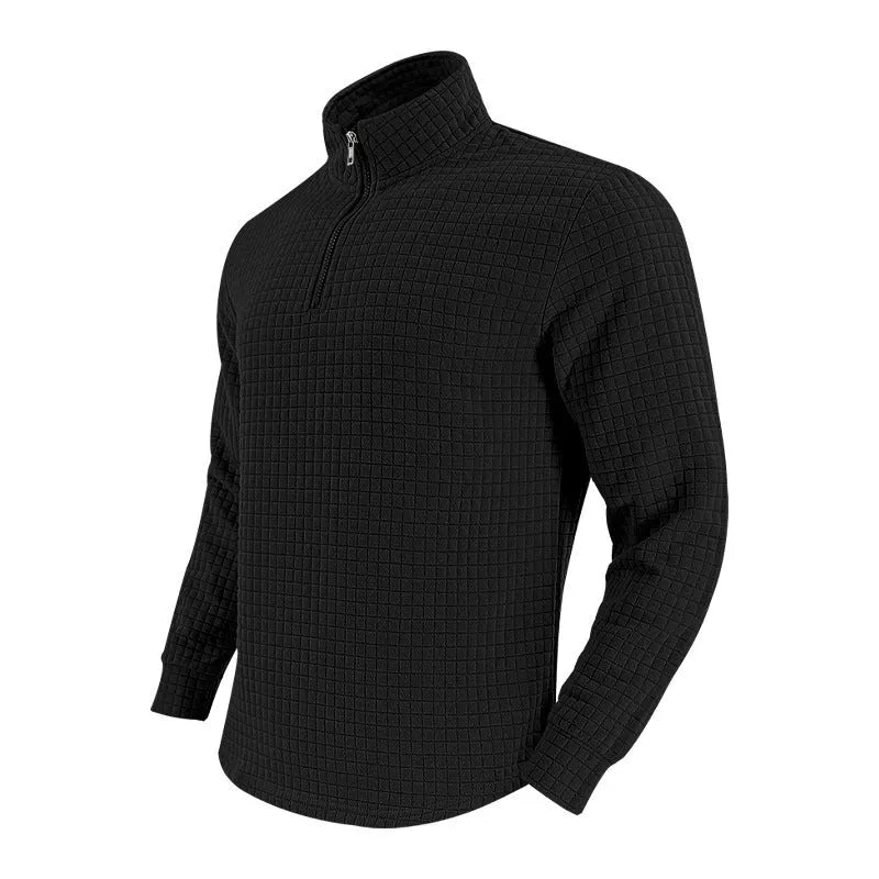 Half zipper small plaid casual stand collar long sleeve sweater in army green on white background