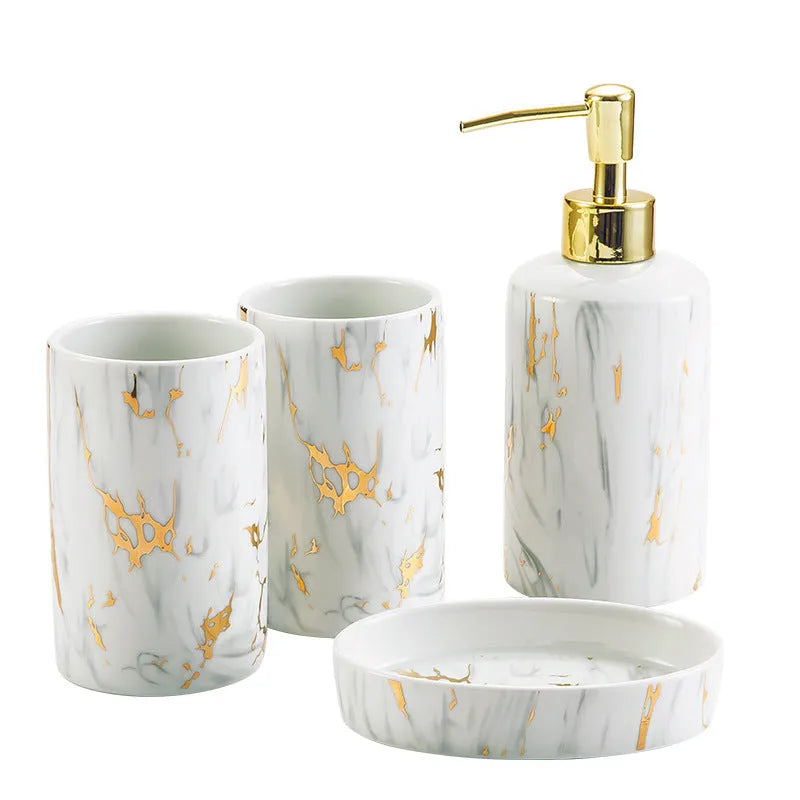White ceramic bathroom wash set with soap dish, drinking cups, and liquid dispenser in colour gift box