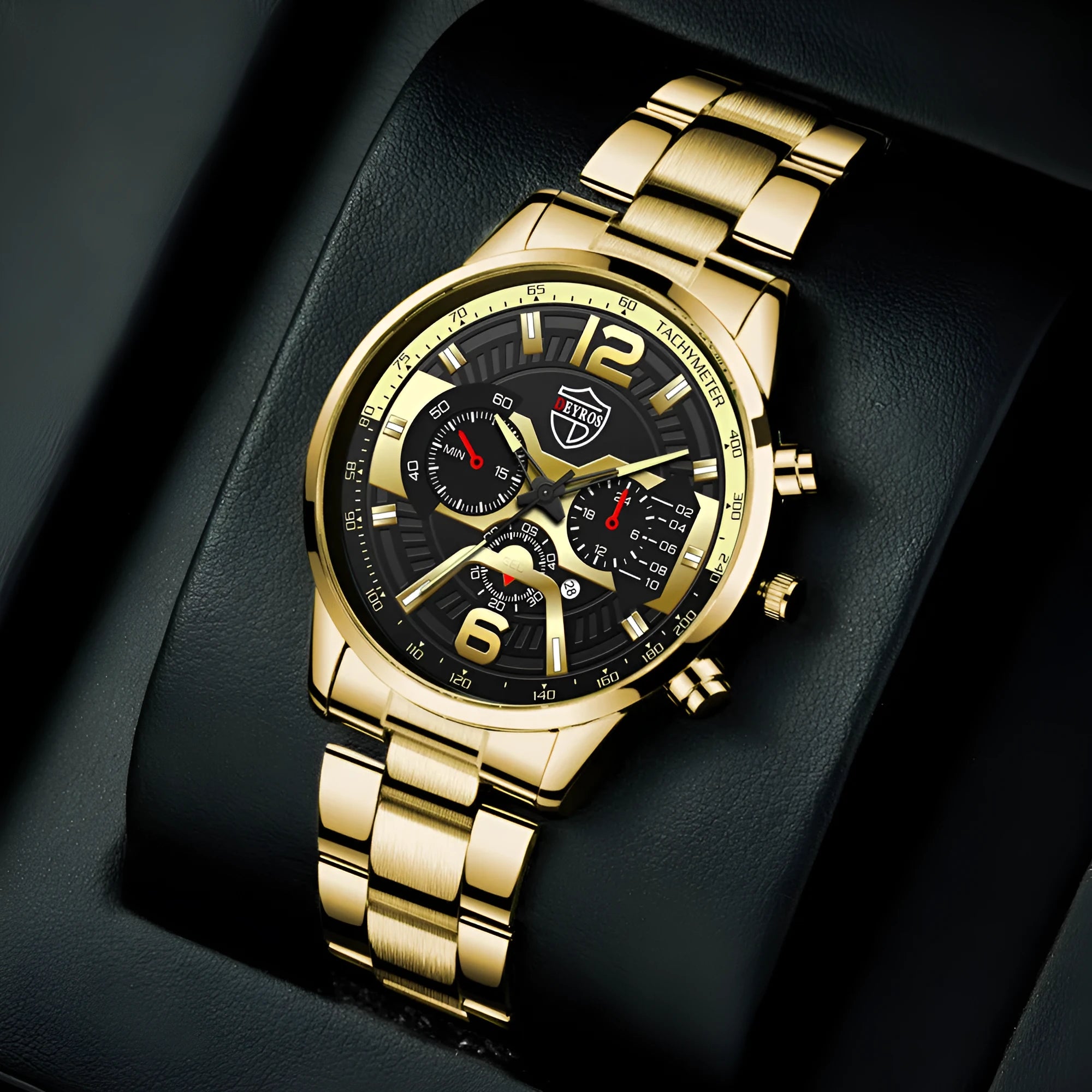 Men's stainless steel quartz watch with 40mm dial and date window on black background