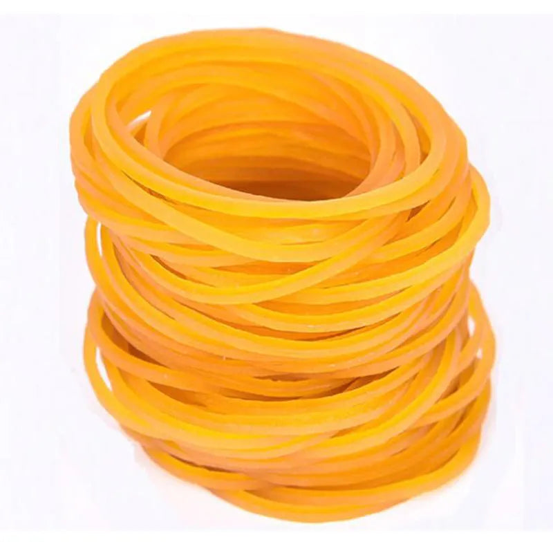 500g bag of assorted yellow rubber bands showing multiple diameters from 16mm to 70mm