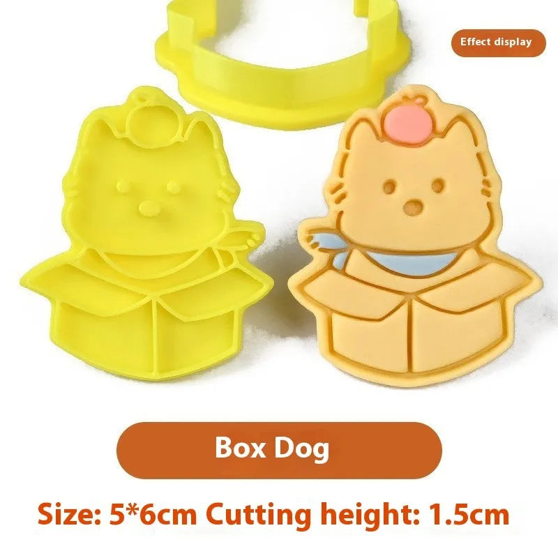 Three dimensional plastic puppy cartoon biscuit mould showing character designs