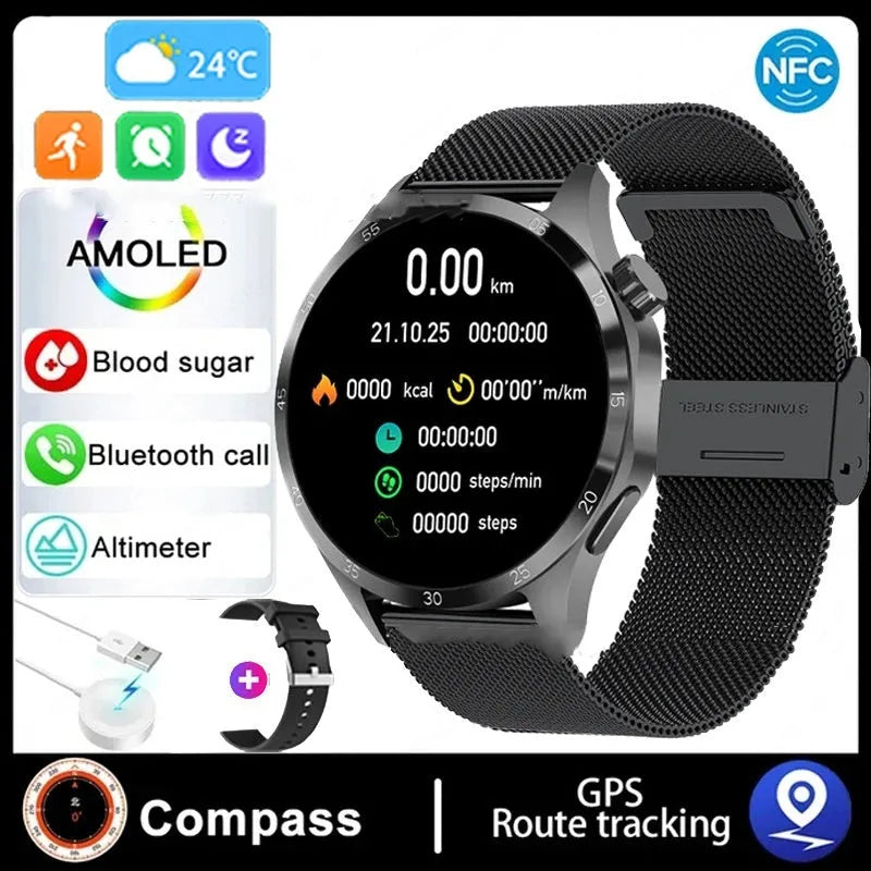 Black Bluetooth calling smartwatch with TFT touch screen on a silicone strap, showing health metrics display.