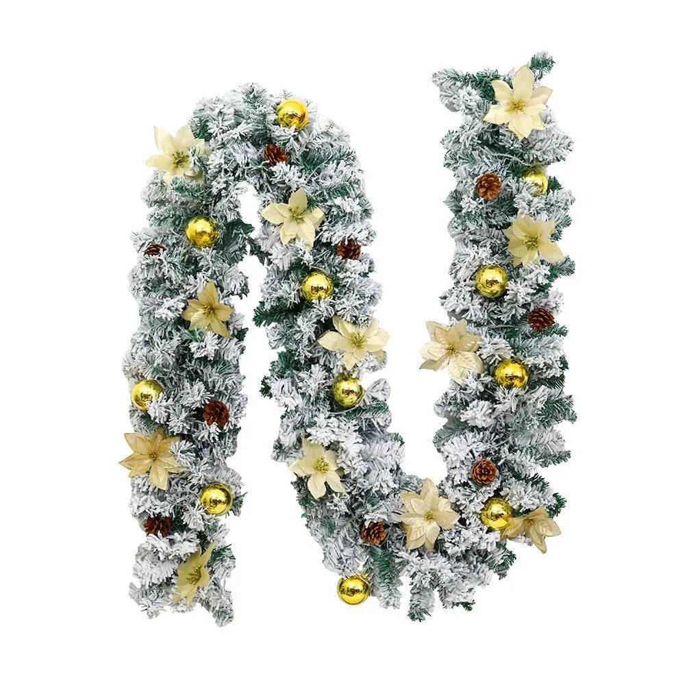 American-style PVC Christmas rattan garland with white flocking, shown draped in golden and red colour options.