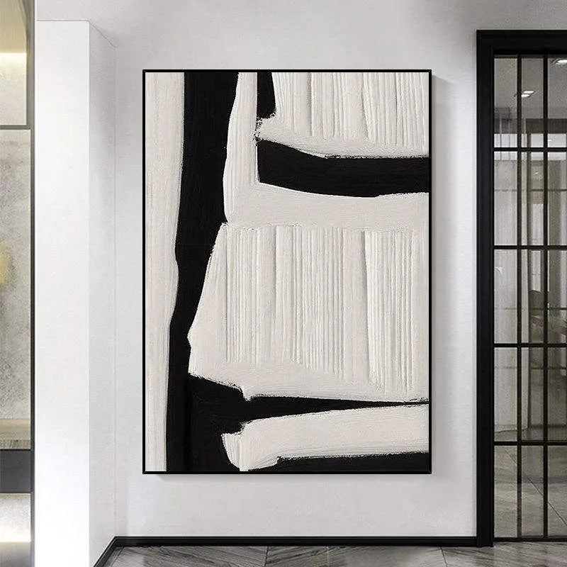 Large black and white abstract handmade painting on textured canvas, modern wall art for home decoration