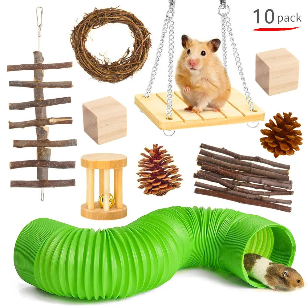 Wooden toy combination set for rabbits, guinea pigs, and parrots with straw mattress and natural material balls