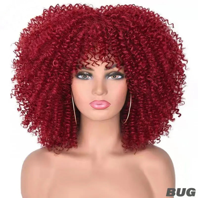 African small curly hair afro wig headgear in high temperature silk with bangs, available in multiple colours