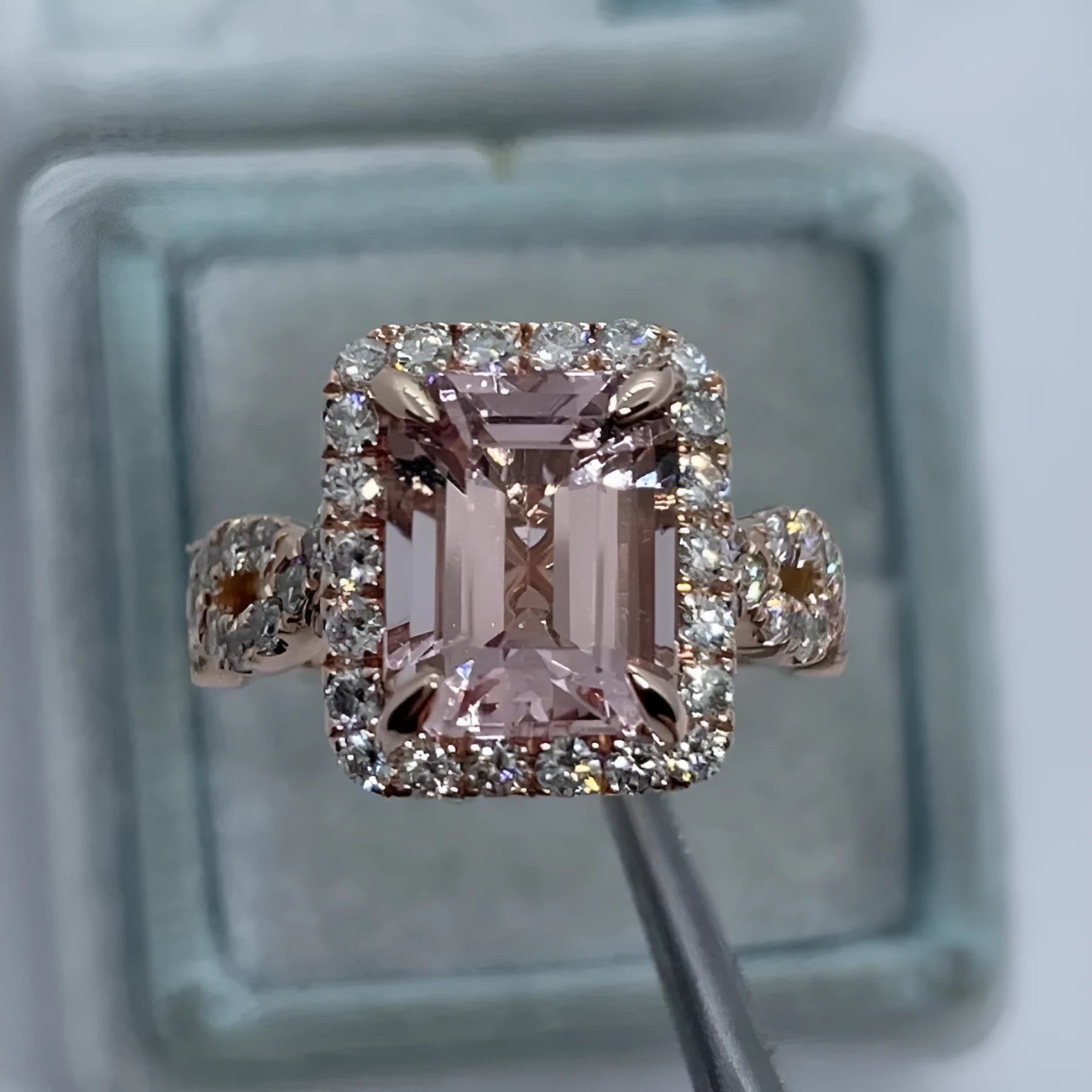 Women's rose gold electroplated alloy geometric ring shown in seven available sizes