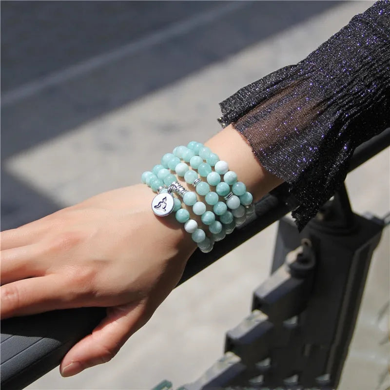 Natural stone angel echeveria bracelet in geometric shape with lotus detail on a white background.