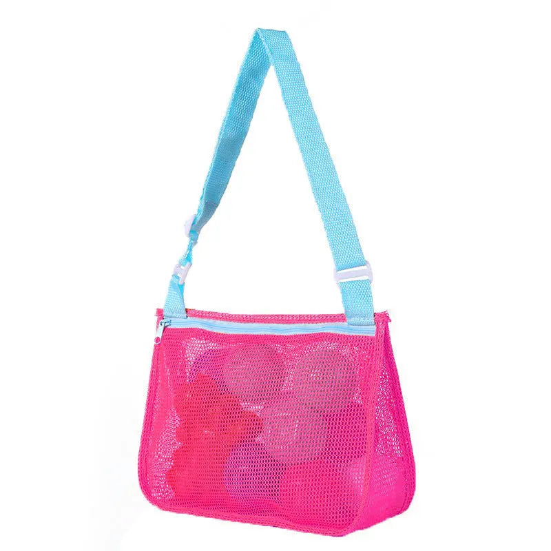 Blue nylon mesh travel storage bag with black handle and zip seal for children's clothing organisation