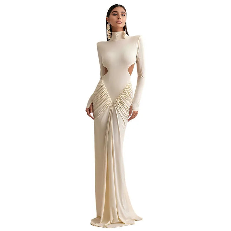 Long sleeve high collar slim fit backless pleated dress in solid colour on a model