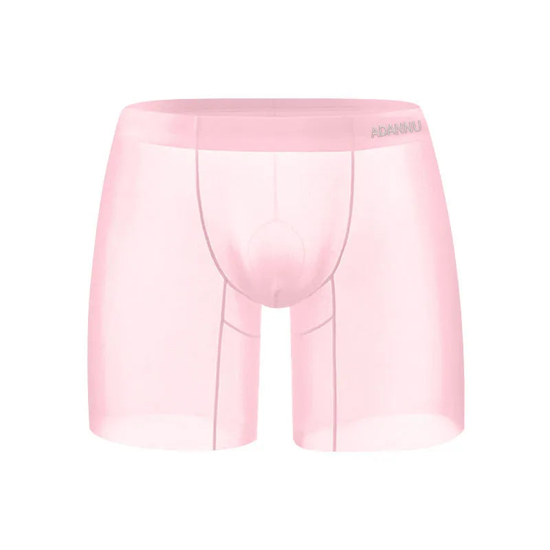 Men's low waist boxer underwear in orange, pink and red colours made from breathable ice silk nylon fabric